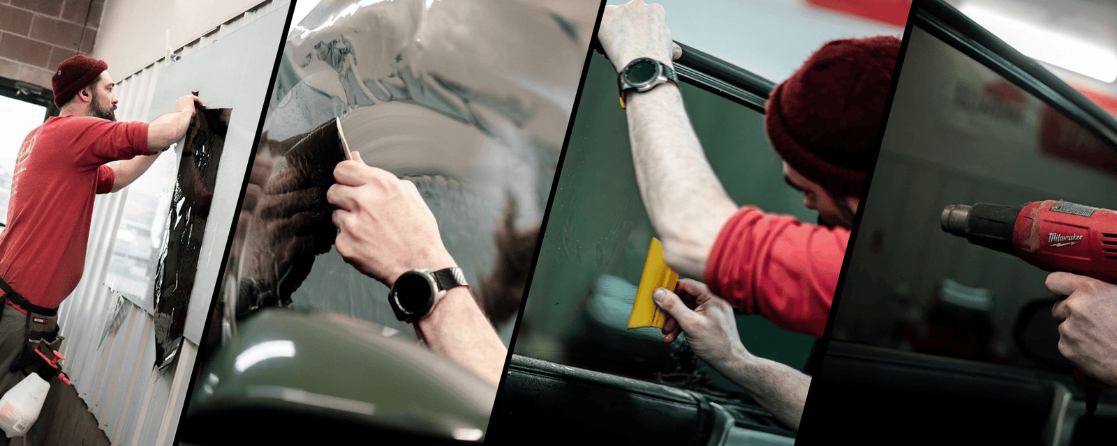 Professional window tint installation process at Montrose Auto Tint – applying, smoothing, and heat sealing automotive tint for a flawless finish.